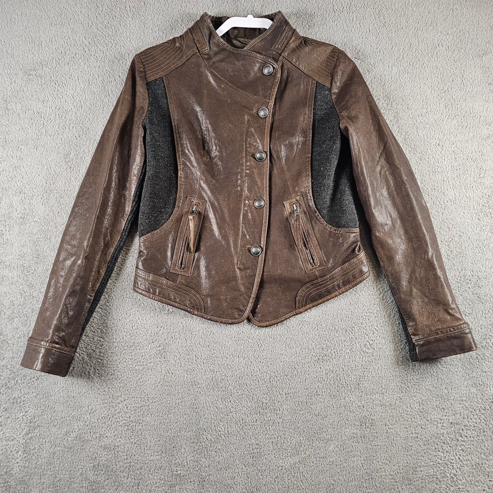 Via Spiga Womens Brown Leather Mixed Media Knit Jacket Size M Chocolate